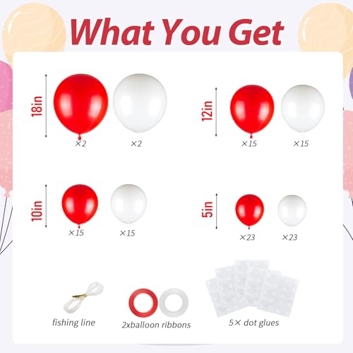 110pcs Red and White Balloons Garland Arch Kit, 18/12/10/5 Inch White Red Latex Balloons for Valentine’s Day, Christmas, N...