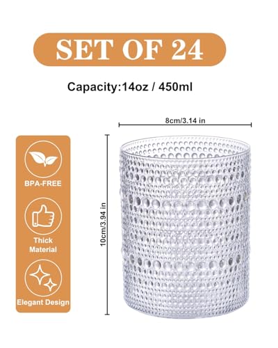 YOUBET 24PCS Plastic Hobnail Drinking Glasses - 14 Oz Clear Vintage Glasses Drinkware - Disposable Beaded Cups for Juice, ...
