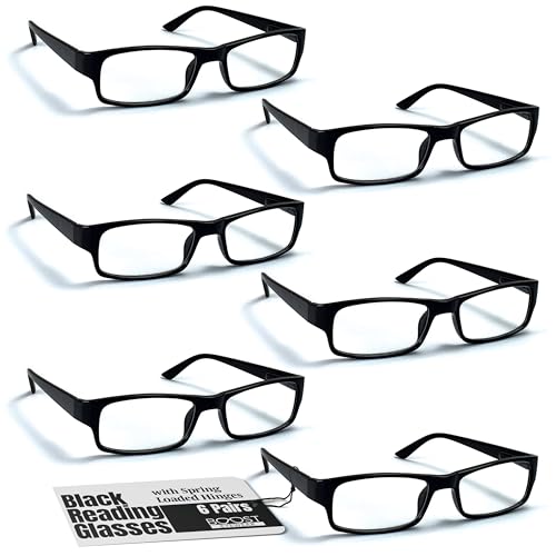Boost Eyewear 6 Pack Reading Glasses, Traditional Black Frames, with Spring Loaded Hinges