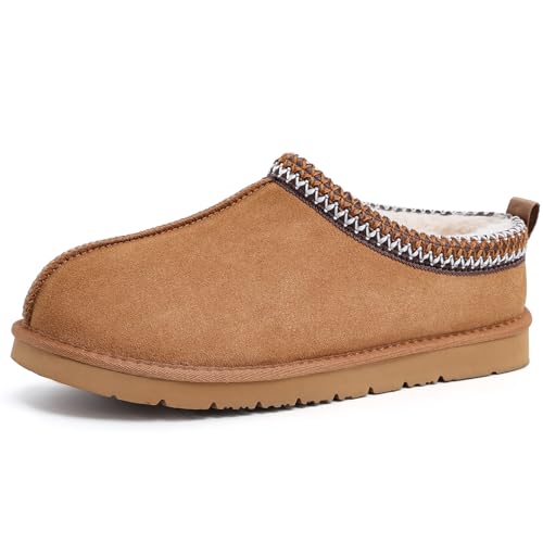 FIHCH Mens Slippers Genuine Suede Fuzzy Slippers Indoor and Outdoor Cozy House Shoes Memory Foam Non-Slip Footwear Winter ...