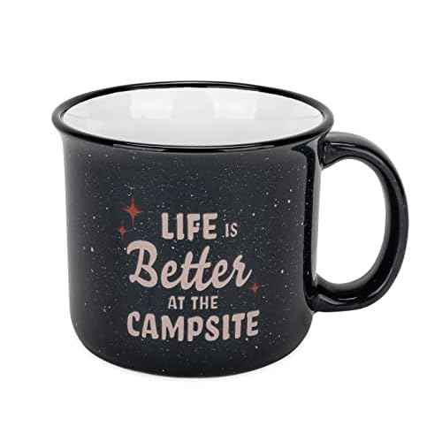 Camco Life is Better at The Campsite Ceramic Coffee Mug - Microwave and Dishwasher Safe - Features Speckled Blue Background with Life is Better at the Campsite Design - Coffee Cup Holds 14oz. (53473)