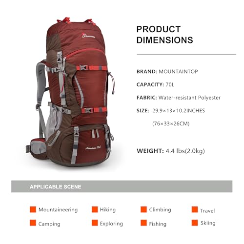 MOUNTAINTOP 70L Internal Frame Backpack Camping Backpacking Hiking Backpack for Men Women with Rain Cover