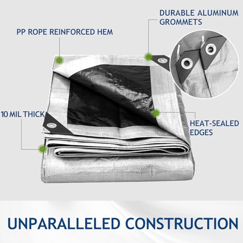SUNLITAP 10 Mil Heavy Duty Waterproof Tarps, 20x30 Ft Finished Size Tarps, Premium Tarp with Metal Grommets & Reinforced E...