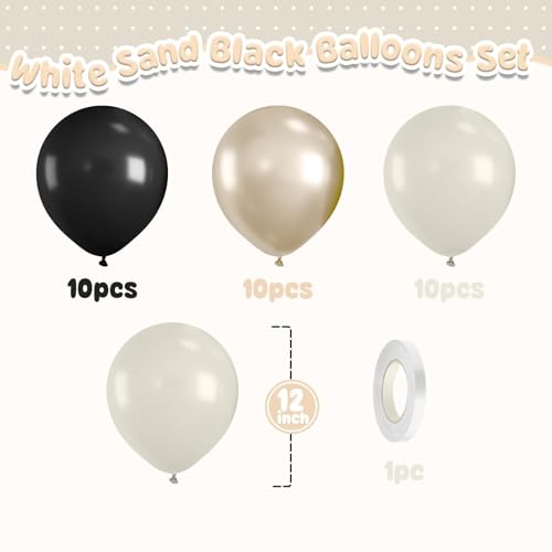 White Sand Black Balloons Set,12Inch Black Cream White Balloons for Wedding Bridal Shower Bachelorette Anniversary Birthda...