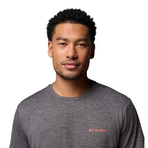 Columbia Mens Kwick Hike Back Graphic Short Sleeve Tee, Black Heather/Linescape, Medium