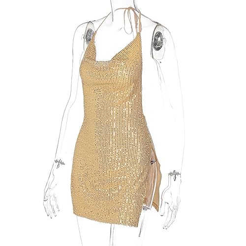 Women's Sequin Halter Bodycon Mini Dress Split Hem Backless Cowl Neck Sexy Short Dress Open Back Cocktail Party Dresses