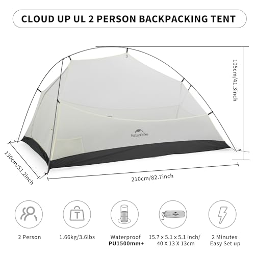 Naturehike Cloud-Up 2 Person Tent Lightweight Backpacking Tent with Footprint - Free Standing Ultralight Camping Hiking Ba...