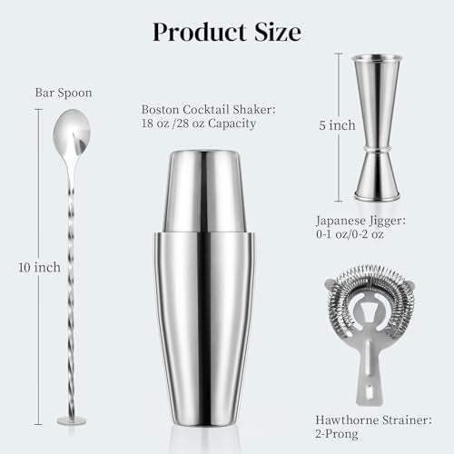 X Home Cocktail Shaker Set, Professional 4-Piece Bartender Kit with Boston Shaker, Hawthorne Strainer, Double Measuring Co...