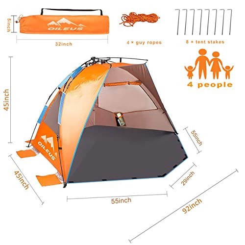 Oileus X-Large 4 Person Beach Tent Sun Shelter - Portable Sun Shade Instant Tent for Beach with Carrying Bag, Stakes, 6 Sa...