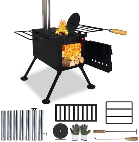FEBTECH – Wood burning stove – outdoor camping small wood stove for home heating – tent stove with chimney pipe for Tent, ...