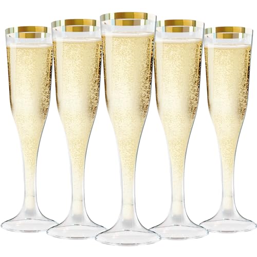 Zcaukya 100 Plastic Champagne Flutes, 4.5oz Clear Disposable Hard Stemware Cups with Golden Rim, Plastic Champagne Glasses...