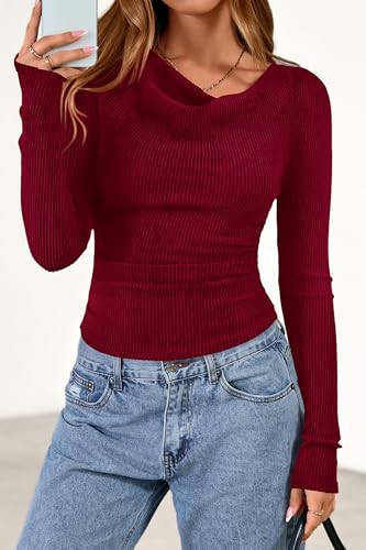 PRETTYGARDEN Women's Long Sleeve Cowl Neck Ribbed Knit Fall Shirts Slim Fit Ruched Going Out Crop Tops Basic T-Shirts