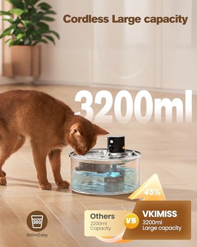 Wireless Cat Water Fountain Cordless: Battery Operated Cat Fountain - 108oz/3.2L Automatic Pet Water Dispenser Rechargeabl...