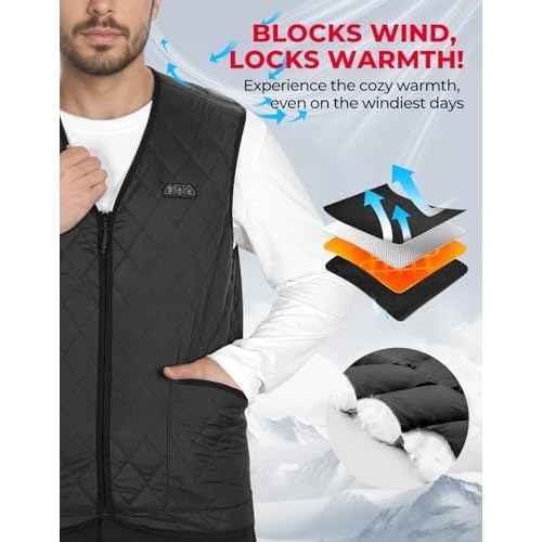 KEMIMOTO Mens Heated Vest, Heated Quilted Jackets for Men, V-Neck Zipper Vest(Batteries Not Included)