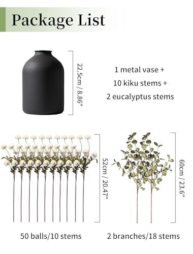 BLOSMON Fake Flowers in Vase for Centerpieces: Metal Vase with 12 Stems of Artificial Mums Kiku Flowers Eucalyptuses Home ...