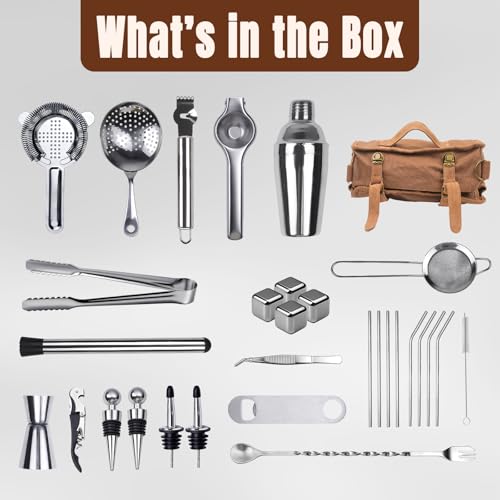 31Pcs Travel Bartender Kit–Bartending Kit with Bar Tools Bartender Accessories,Canvas Tool Bag–Professional Stainless Stee...