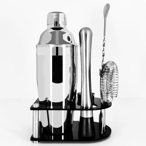 Cocktail Shaker Bartender Kit: 5 Piece Stainless Steel Bar Set, Cocktail Shaker Set with Stand, Drink Mixing Kit Includes ...