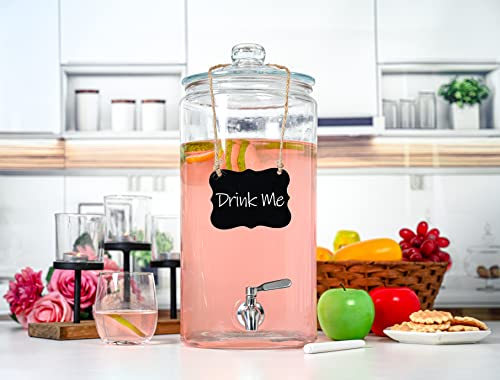 2 Gallon Beverage Dispenser with Stainless Steel Spigot + Marker & Chalkboard 100% Leakproof Glass Drink Dispenser for Par...