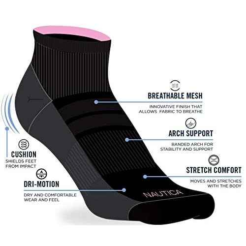 Nautica Womens Quarter Socks - 6 Pack Breathable Cushioned Athletic Performance Ankle Socks for Women (Sizes: 4-10)