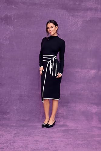 CIDER Sweater Dress for Women Long Sleeve Dress Mock Turtleneck Bow Tie Midi Work Dresses Old Money Dresses Fall Winter