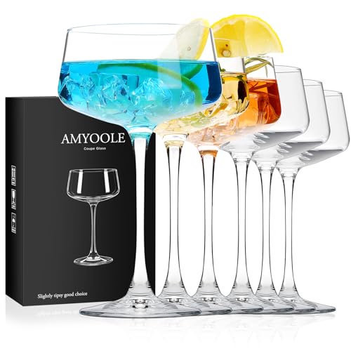 Amyoole Martini Glasses Set of 6, 8 oz Premium Crystal Coupe Glasses, Hand Blown Champagne Drinkware with 6 Cocktail Pick...