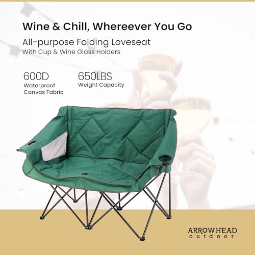 ARROWHEAD OUTDOOR Portable Folding Double Duo Camping Chair Loveseat w/ 2 Cup & Wine Glass Holder, Carrying Bag, Supports ...