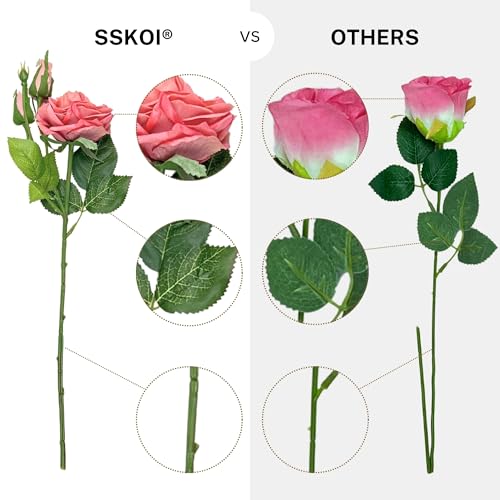 SSKOI Real Touch Artificial Roses, 8PCS Long Stem Faux Flowers with Gift Box That Converts Into Vase, Allergy-Safe Realistic Fake Roses for Home, Kitchen, Office, Wedding Décor, Gift Arrangement