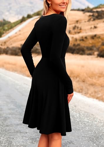 PRETTYGARDEN Women's Fall Short Dress Ribbed Knit Crewneck Long Sleeve A Line Flowy Casual Elegant Going Out Winter Dresses