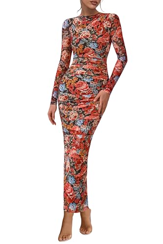 PRETTYGARDEN Womens Long Sleeve Maxi Dresses 2026 Spring Ruched Bodycon Floral Mesh Formal Wedding Guest Cocktail Party Dress