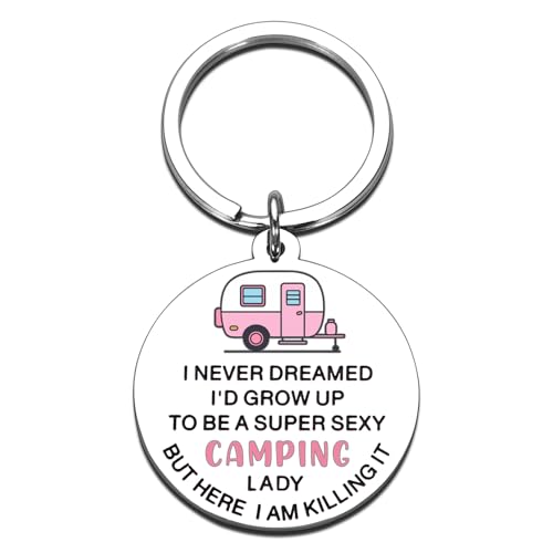 Funny Camping Keychain for Women Super Sexy Camping Lady RV Gifts Happy Camper Gift Cool Camper Accessories for Her RV Ess...