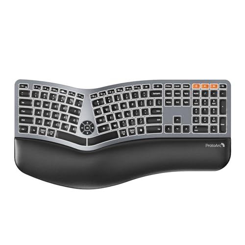 Backlit Bluetooth Ergonomic Keyboard, ProtoArc EK01 Plus Full Size Wireless Split Keyboard with Dual Bluetooth and USB, Cu...