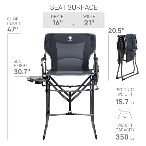 EVER ADVANCED Portable 30.7" Seat Height Tall Folding Camping Chair Directors Chair High Foldable Bar Stool with Side Tabl...