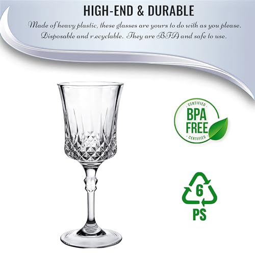 Crystal Cut Disposable Clear Plastic Wine Goblets - 11oz, 4 Pieces - Durable & Sophisticated Drinkware for Parties and Events