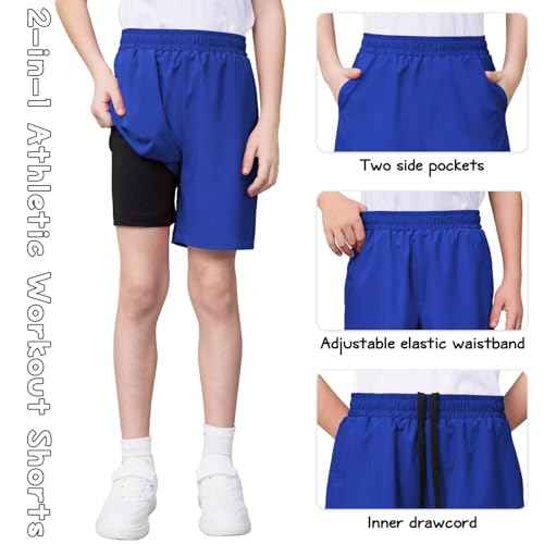 QBK Boys 2-in-1 Athletic Running Shorts with Compression Liner Lightweight Quick Dry 3T-16Y