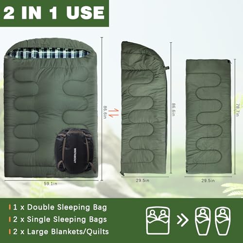 WKFAMOUT 0 Degree Double Sleeping Bag for Adults Queen Size 2 Person Sleeping Bag for Cold Weather with Compression Sack f...