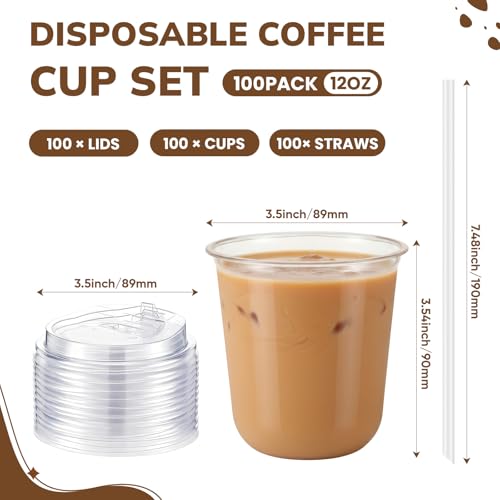 Ziliny 100 Pcs 12oz Clear Plastic Cups with Lids and Straws, Disposable Iced Coffee Drink Cups, Plastic Cup for Iced Coffe...
