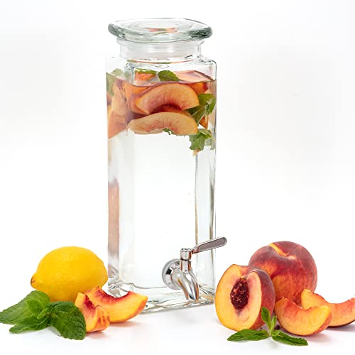 Square Glass Drink Dispenser for Parties - Stainless Steel Spigot + Marker & Label - 100% Leakproof Beverage Dispenser - L...