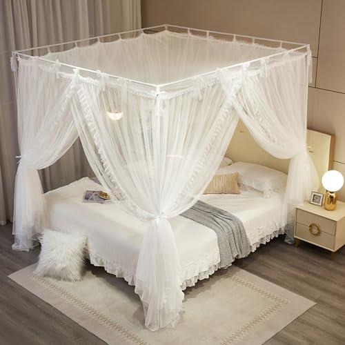 NXGIO 4 Corners Post Princess Curtain Bed Canopy Lace Up Double Layer 4 Opening Mosquito Net Mesh for Girls Bedroom Decora...