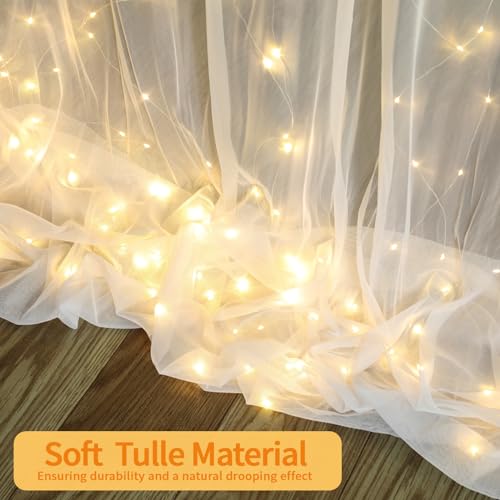 10 FT x 8 FT White Backdrop Curtain - Tulle Backdrop Curtain with 9.8FT Lights String - Sheer Backdrop Curtains with 4 Inc...