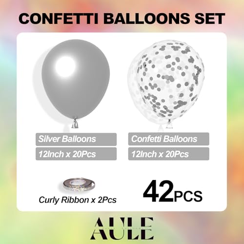 AULE Party Balloons Pack of 42 - Metallic Balloons & Confetti Balloons and 64ft Ribbons - 12 Inch Silver Balloons Decorati...
