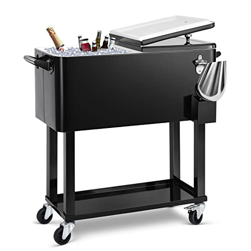 EDOSTORY 80 Quart Rolling Ice Chest Cooler Cart,Patio Backyard Party Drink Beverage Bar Stand Up Cooler Trolley with Ice S...