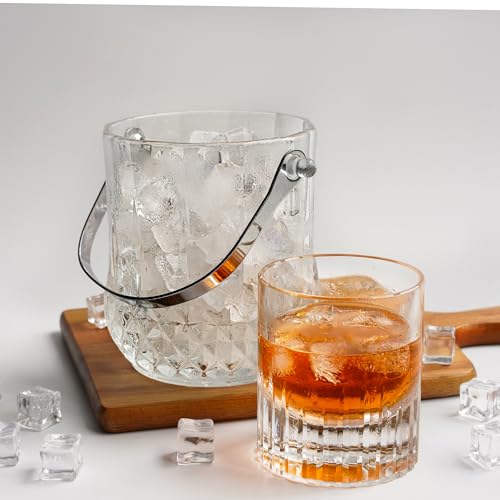Glass Ice Bucket with Handle and Ice Tong Holds 37oz of Ice Clear Crystal Ice Buckets for Cocktail Bar Wine Home Bar Acces...