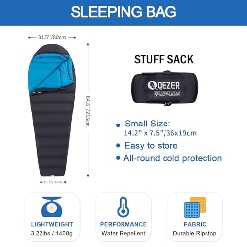 QEZER Down Sleeping Bag for Adults 0°F 10°F 15°F 20°F Backpacking Sleeping Bag for Cold Weather with Compression Sack