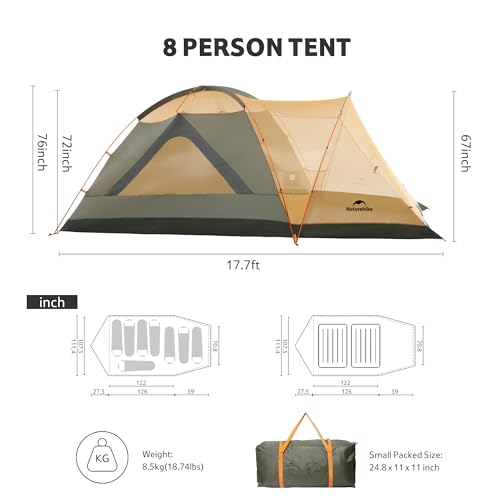Naturehike KOTA 4/6/8 Person Camping Tent, Double Layer Waterproof 4 Person 6 Person 8 Person Tents for Camping, Large and...