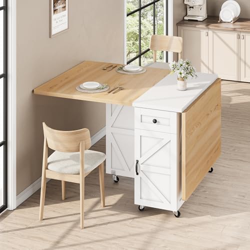 Jocoevol Space Saving Folding Dining Table for 4, Farmhouse Foldable Dining Table with Drawer and Storage Shelf, 6 Wheels ...