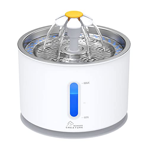 Wonder Creature Cat Water Fountain with Stainless Steel Lid, 2.4L/81oz Automatic Cat Fountain with LED Light and Water Lev...