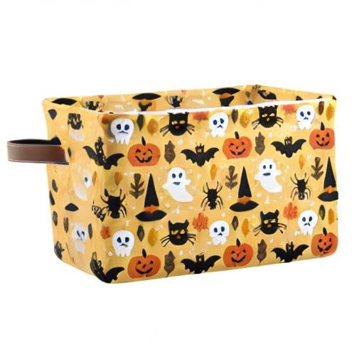 Large Storage Basket Halloween Spooky Skull Pumpkin Black Cat Foldable Storage Box Organizer Bins with Handles for Bedroom Home Office