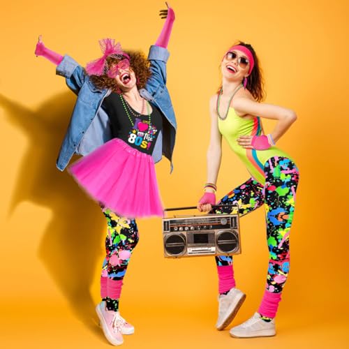 80s Outfit Women Costume Accessories Set T Shirt Shorts Tutu Skirt Neno Party Leg Warmers Headband