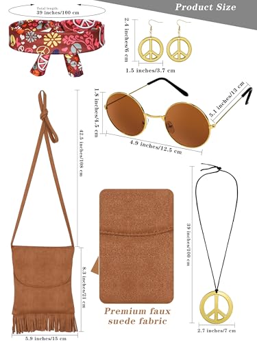 SOMSOC 7 Pieces 70s Women Hippie Costume Fringe Vest Bag Pant Headband for Halloween