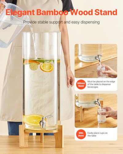 VEVOR Beverage Dispenser, 3.5 Gallon Drink Dispensers for Parties, Glass Juice Dispenser with Wood Stand, Stainless Steel ...